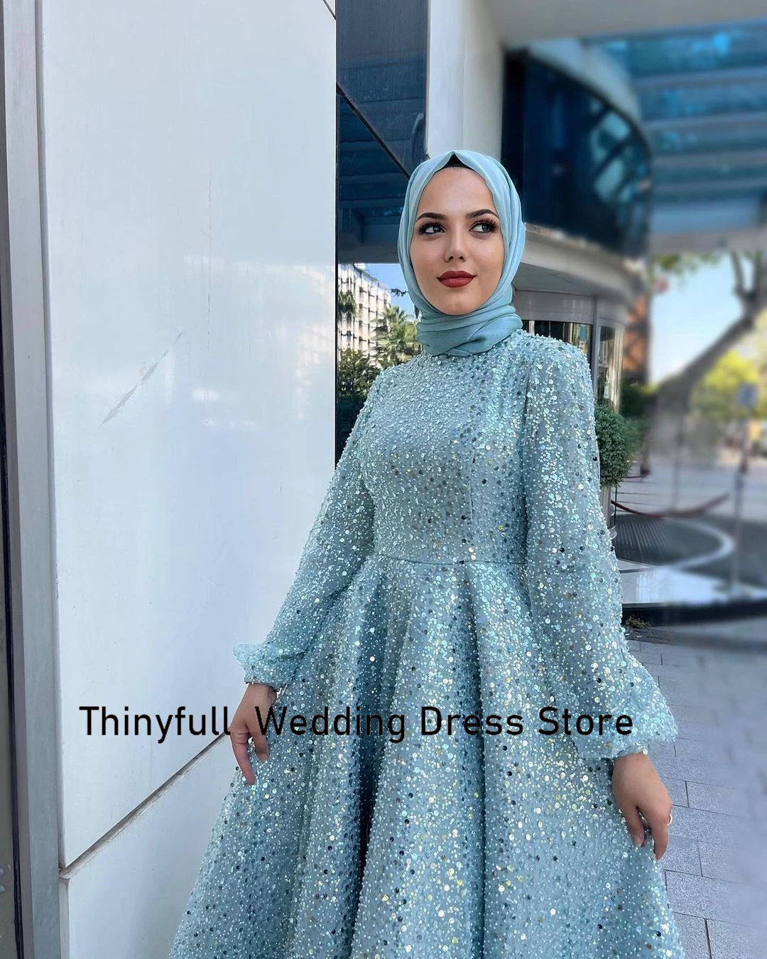 Thinyfull A-line Sequin Turkish Prom Dress High Neck Long Sleeves Arabic Muslim Evening Dress Customized Formal Event Gown 2024