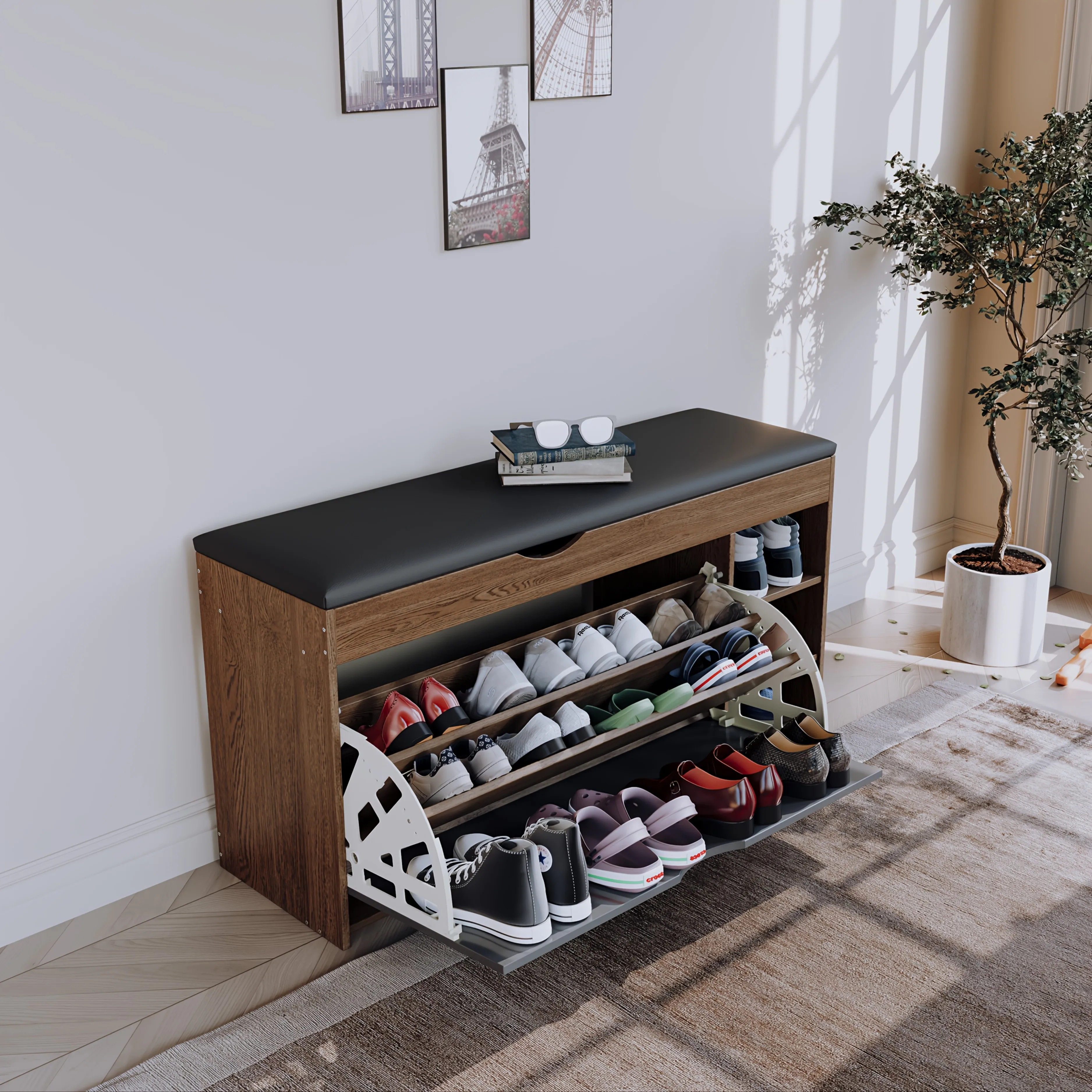 Shoe Cabinet with Bench 3-Tier Storage, Foldable Shoe Rack Organizer with Seat for Entryway, Hallway Closet Organizer for Small image 6