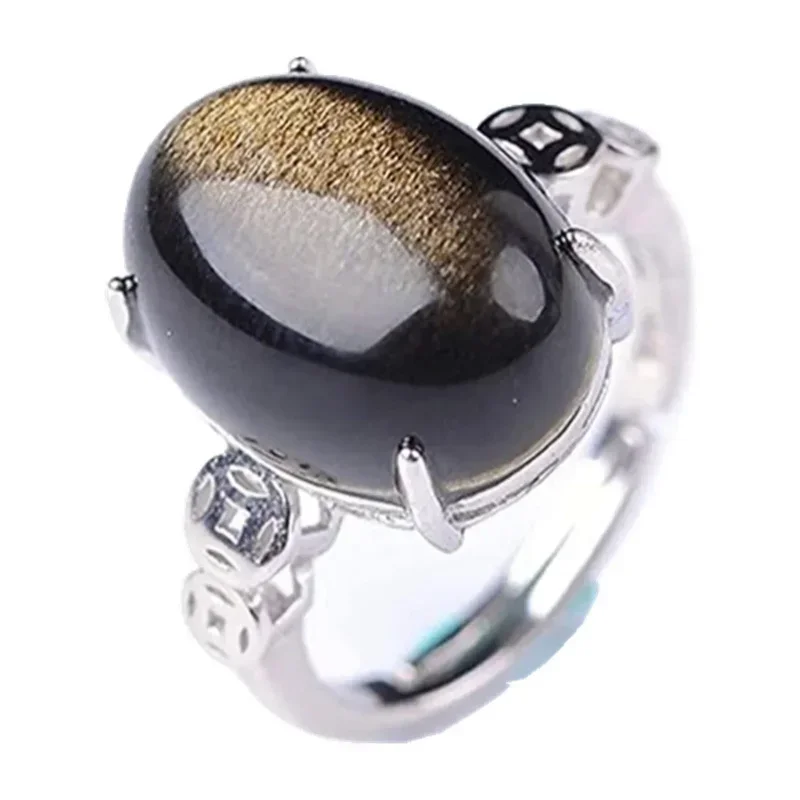 Anel Obsidiana de Ouro Natural para Homens e Mulheres Pedra de Cristal Anel Ajustável em Prata Esterlina, Presente da Riqueza, Contas 16x12mm, AAAAA