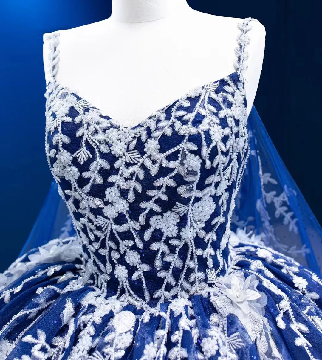 Vestidos de Quinceañera de Charro Azul Real, vestido de baile con tirantes finos, apliques de tul hinchado mexicano dulce 16, 15 años