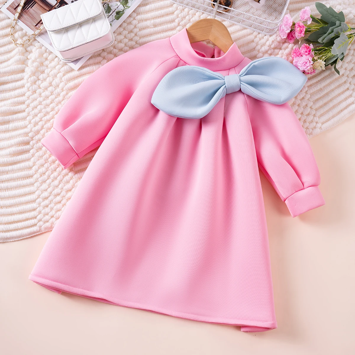 Toddler Girls\' New Women\'s Dress Cute Big Bow Solid Color Long Sleeve Dress Fashionable Design Sense Daily and Party Wear