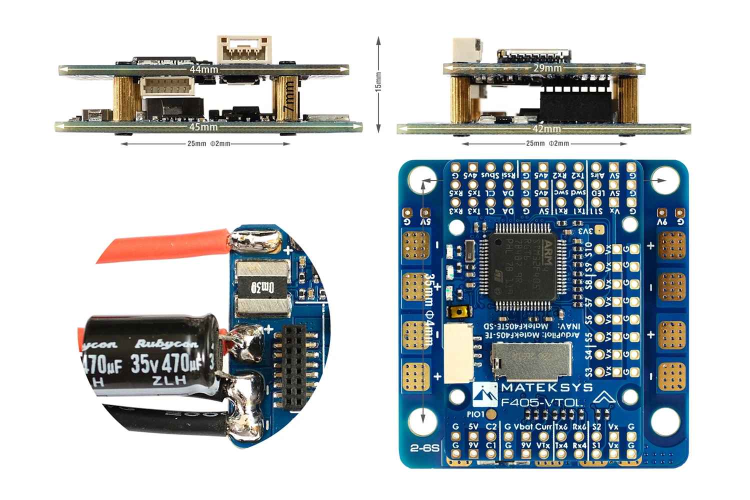 Matek System Mateksys KONTROLER FLIGHT F405-VTOL STM32F405RGT6 ICM42688P SPL06 OSD VTOL PDB 6xUARTs 12x PWM 1xI2C