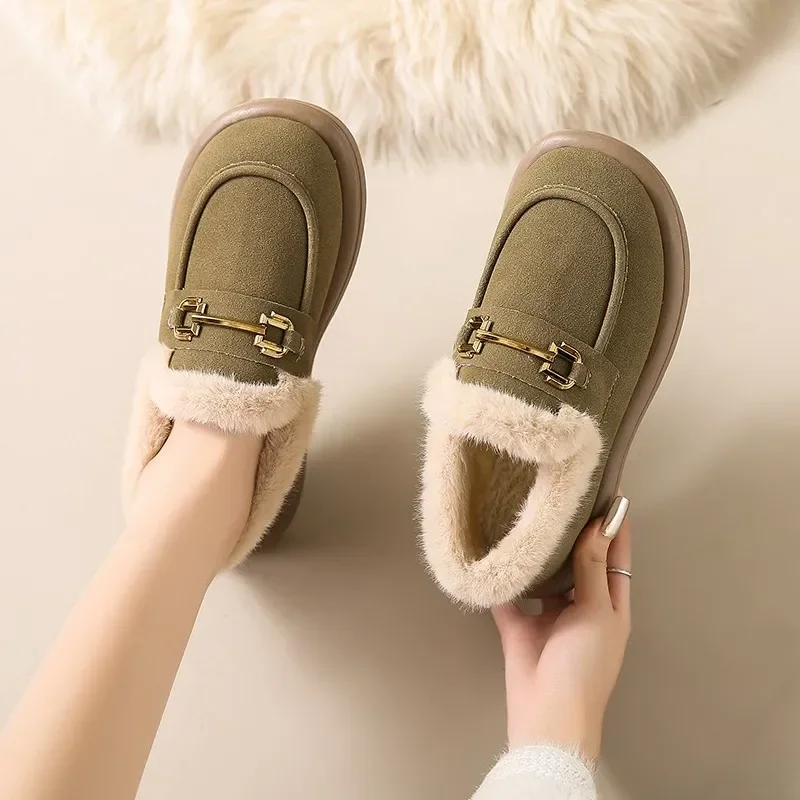 Stivali da neve piatti da donna Outdoor Slip-on caldi mocassini in peluche scarpe in cotone donna Casual Comfort Soft Flat mocassini invernali