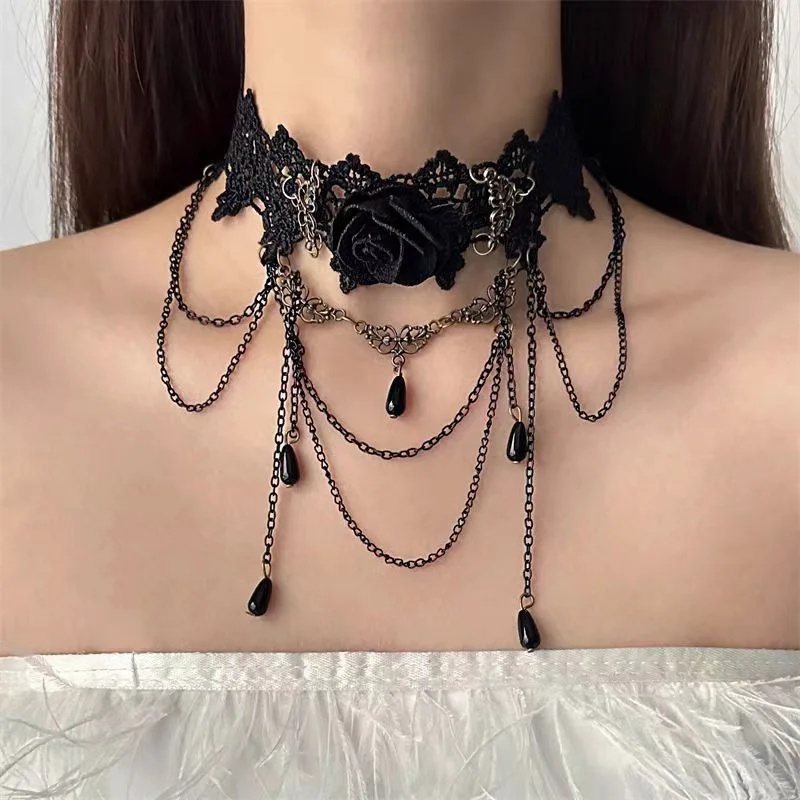 Trendy Black Lace Flower Tassel Choker Necklace for Women Necklace Gothic Halloween Chocker Punk Jewelry Collar Gift Accessories
