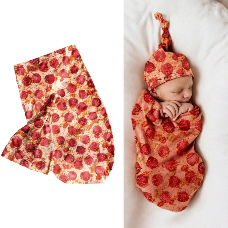 

Newborns Pizza Pattern Sleep Bag with Long Tail Hat Infant Photo Outfit Pizza designs Sleep with Hat for Picture Taking