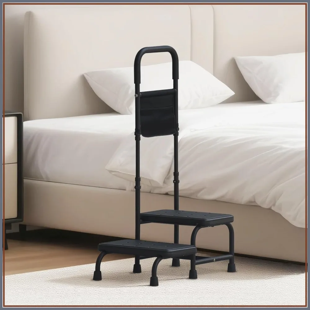 

2 Step Stool with Handle for Elderly Adults, Portable Footstool for High Beds, Non-Skid Platform, Adjustable Handrail, Black