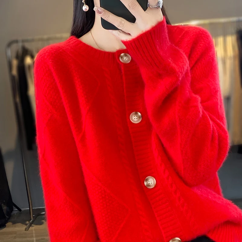 2023 Spring New Womens 100% Wool Cardigan Fashion Solid Color Female Knitted Loose Large Size Soft Knitwear Classic Autumn