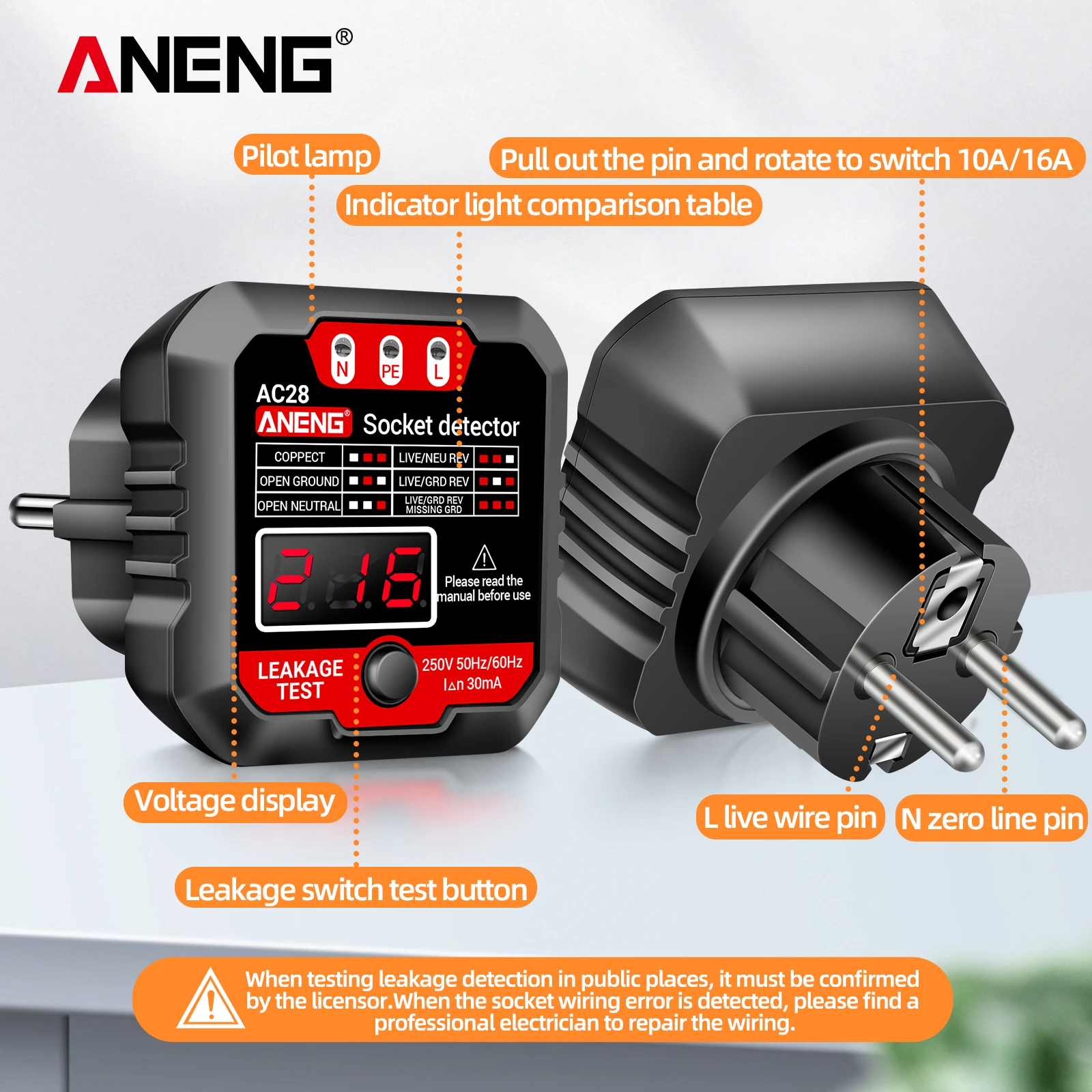 ANENG Outlet Tester Receptacle Detector 250V Power Socket Checker Automatic Circuit Tester Polarity Voltage Test Wall Plug Tools