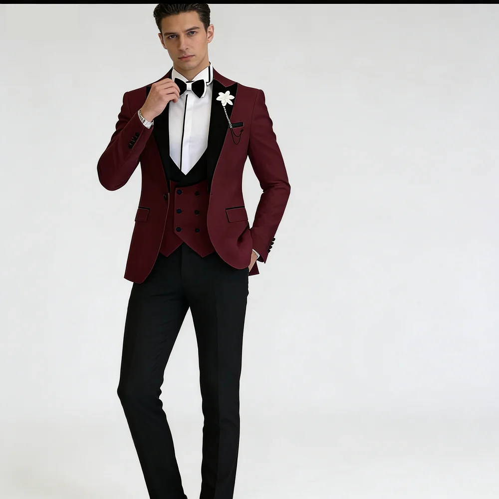 

Classic Solid Black Peak Lapel 3-Piece Men's Suit Slim Fit Elegant Blazer Vest Pants Set for Wedding And Business