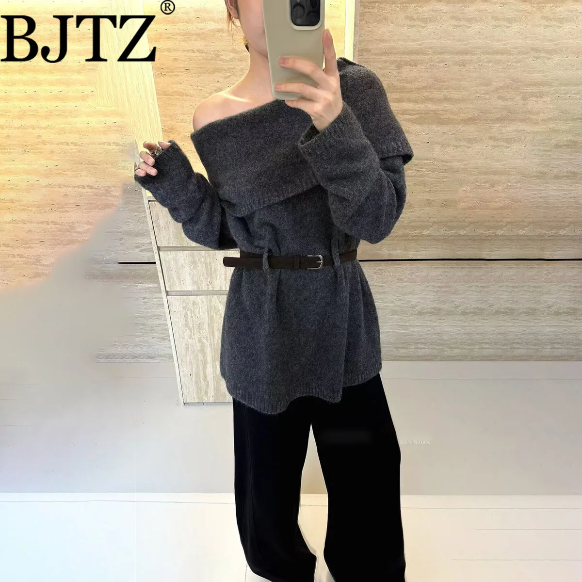 

BJTZ Elegant Off Shoulder Belted Slim Knit Sweater Women Autumn Winter Fashion Long Sleeve Chic Casual Party Tops