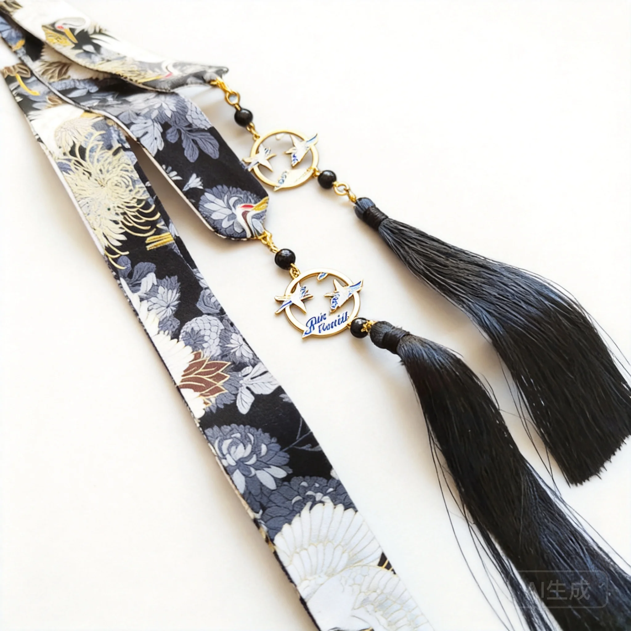 Exquisite Vintage Chinese Style Hanfu Tassel Hair Band Black Crane Chrysanthemum Print Unisex Hair Tie Traditional Ancient Hair