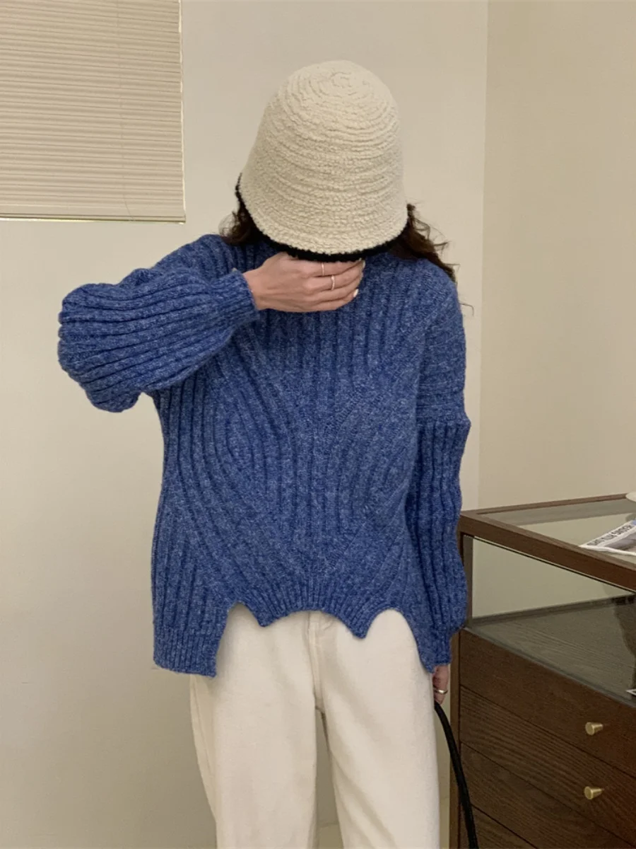 JingTai Deep Blue Knitted Sweater Mixed Yarn 3D Knitwear French Sle round Ne Long Sve Regular Fit Single Piece