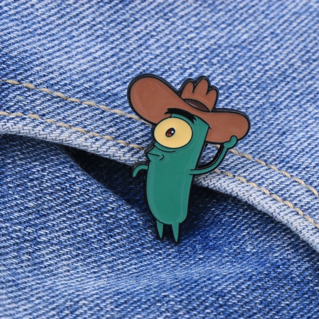 Cartoon Punk Cowboy Green Creature Enamel Lapel Pin Metal Brooch Badge, Funny Single Eyed Alien With Western Hat Print Ornament