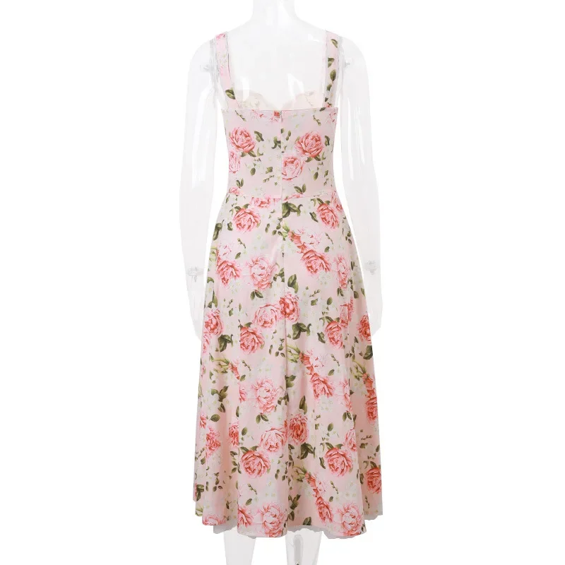 204 Summer Fashion Sexy Backless Floral Pastoral Resort Style Slim Suspender Dress Elegant Sexy Party Dress Club Clothing