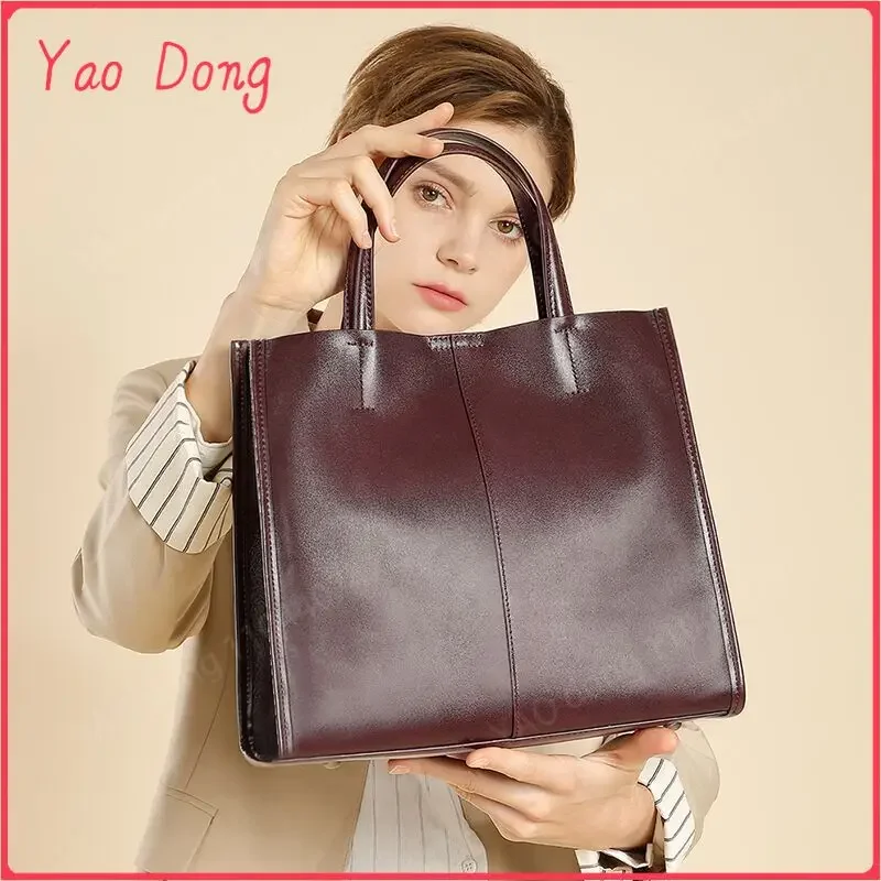 Yao Dong Burminsa Cowhide Genuine Leather Large Tote Handbags For Women 2024 Trend Designer Vertical Work Ladies Shoulder Crossb