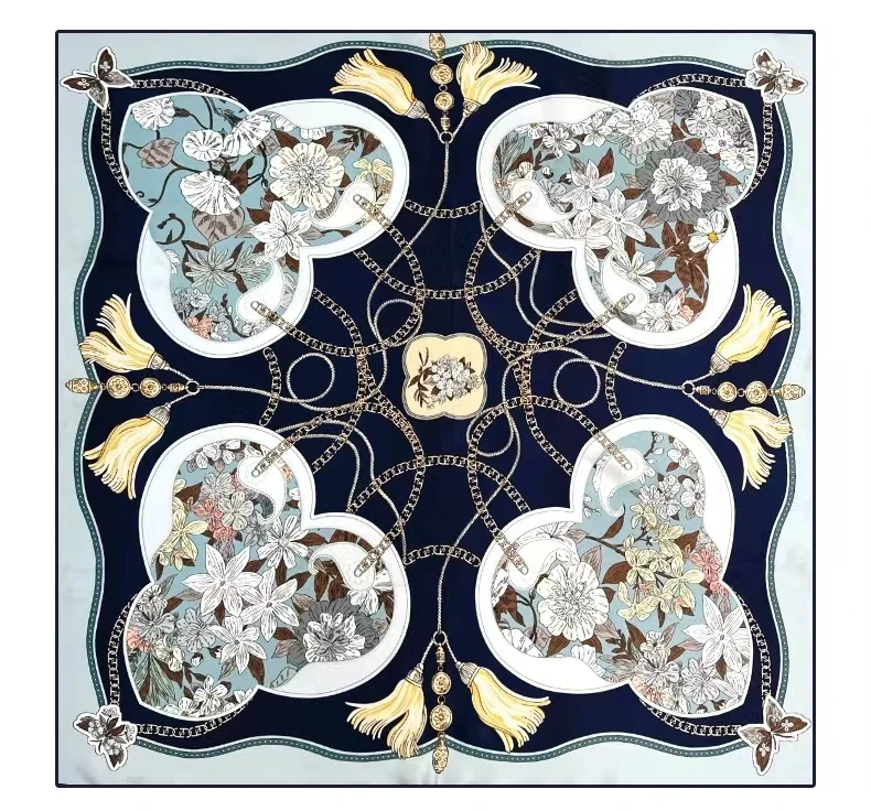 [BYSIFA] Blue White Women Silk Scarf Hijab Bandana New Flower Head Scarf Neck Scarf Fall Winter Large Square Scarves Shawl 90cm