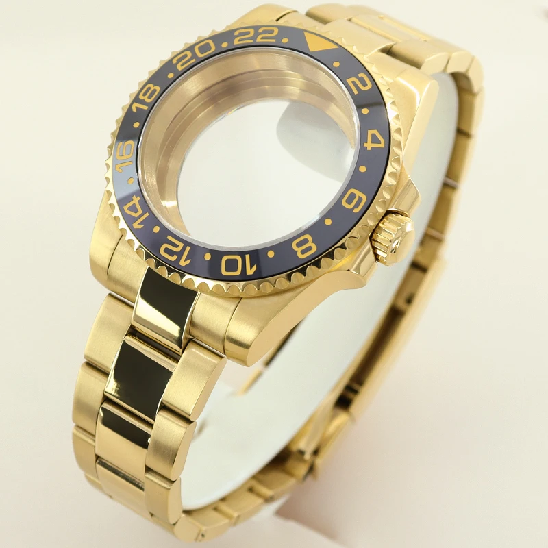 Gold PVD 40mm Watch Case 316L Bracelet Sapphire Crystal For Seiko NH35 NH36 NH34 8215 2824 Movement 28.5mmDial GMT Ceramic Bezel