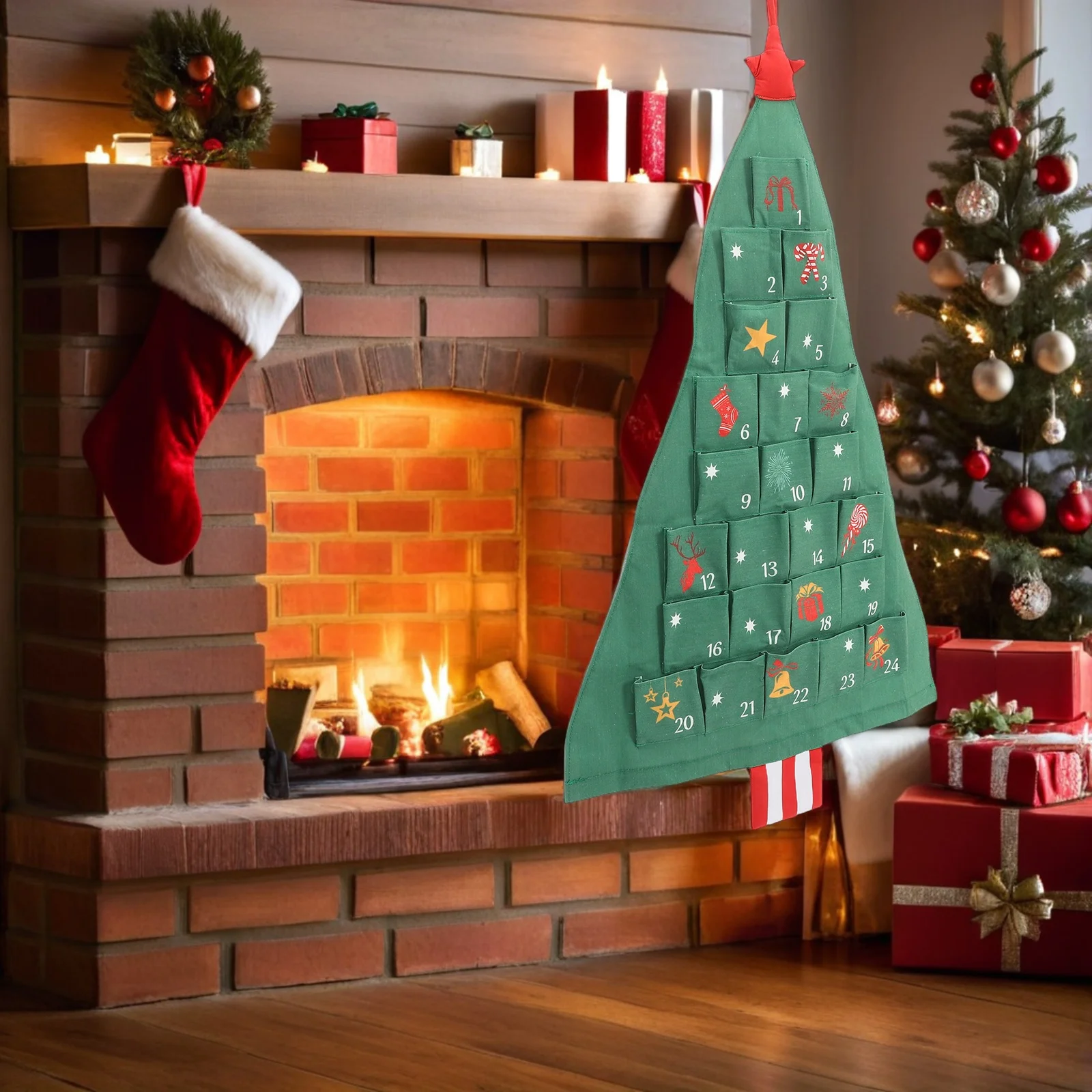 

1 set 1 Set Green 24 Days Christmas Advent Calendar With Pockets Wall Hanging Storage Bag For Holiday Decor Advent Calendar