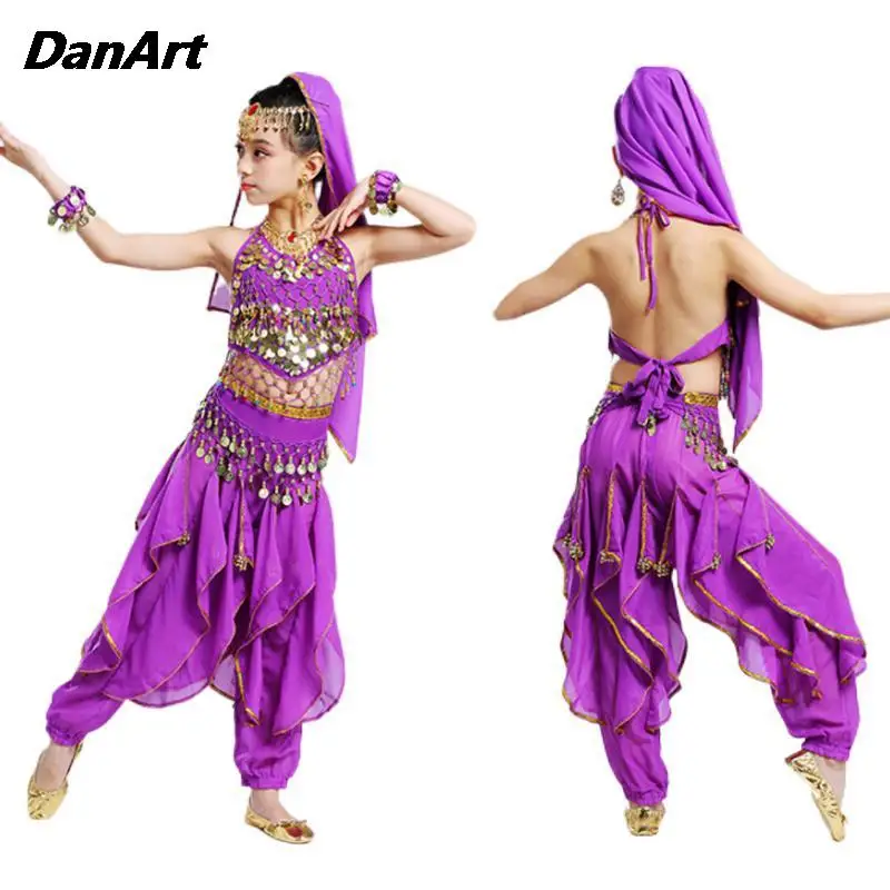 

5PCS New Belly Dance Costume Set For Girls Practice Suit Performance Clothing Children's Sequin Belly Pocket Top+Swivel Pants