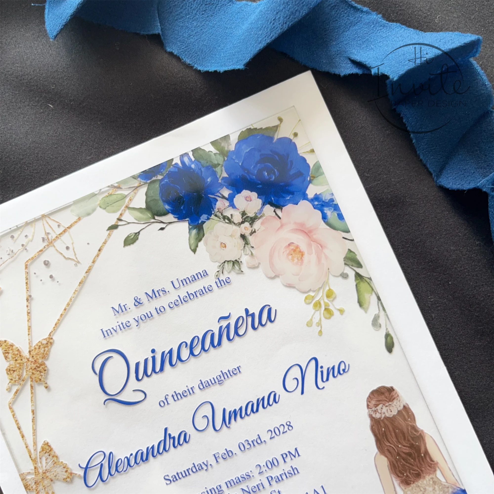 Royal Blue Rose And Gold Geometry Butterfly Quinceañera Invitation, Fancy Sweet 15 Invite, Modern Mis XV Anos Card In Spanish image 4