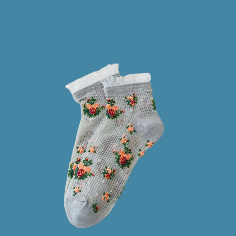 Calcetines cortos de encaje fino para mujer, medias transpirables de alta calidad con flores, 4/8 pares