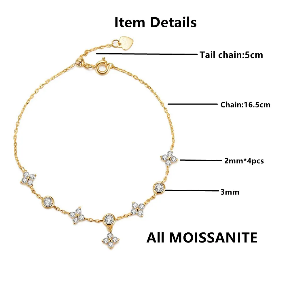 Lnngy Moissanite Bracelet With Certificate 925 Sterling Silver Four-leaf Flower Adjustable Chain Bracelets for Women 2024 Trend