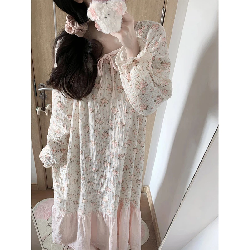 Floral Women Nightgown Korean Sleepwear Square Collar Nightwear Ruffle One Piece Pajamas Ruffles Autumn Sleeping Night Dress New