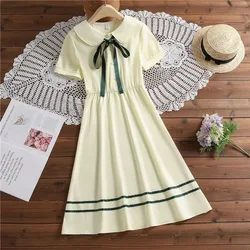 2026 summer peter pan collar Kids Girls A-LINE short sleeve Princess Teenager bow striped Dresses Clothing 4 7 8 9 10 12 14 Year