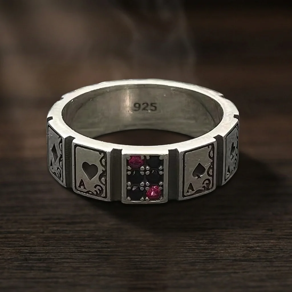 Vintage Aging Domineering Unisex Poker Ring Playing Cards Pattern Inlaid Rhinestone Wide Thick Band Retro Hip Hop Punk Statement