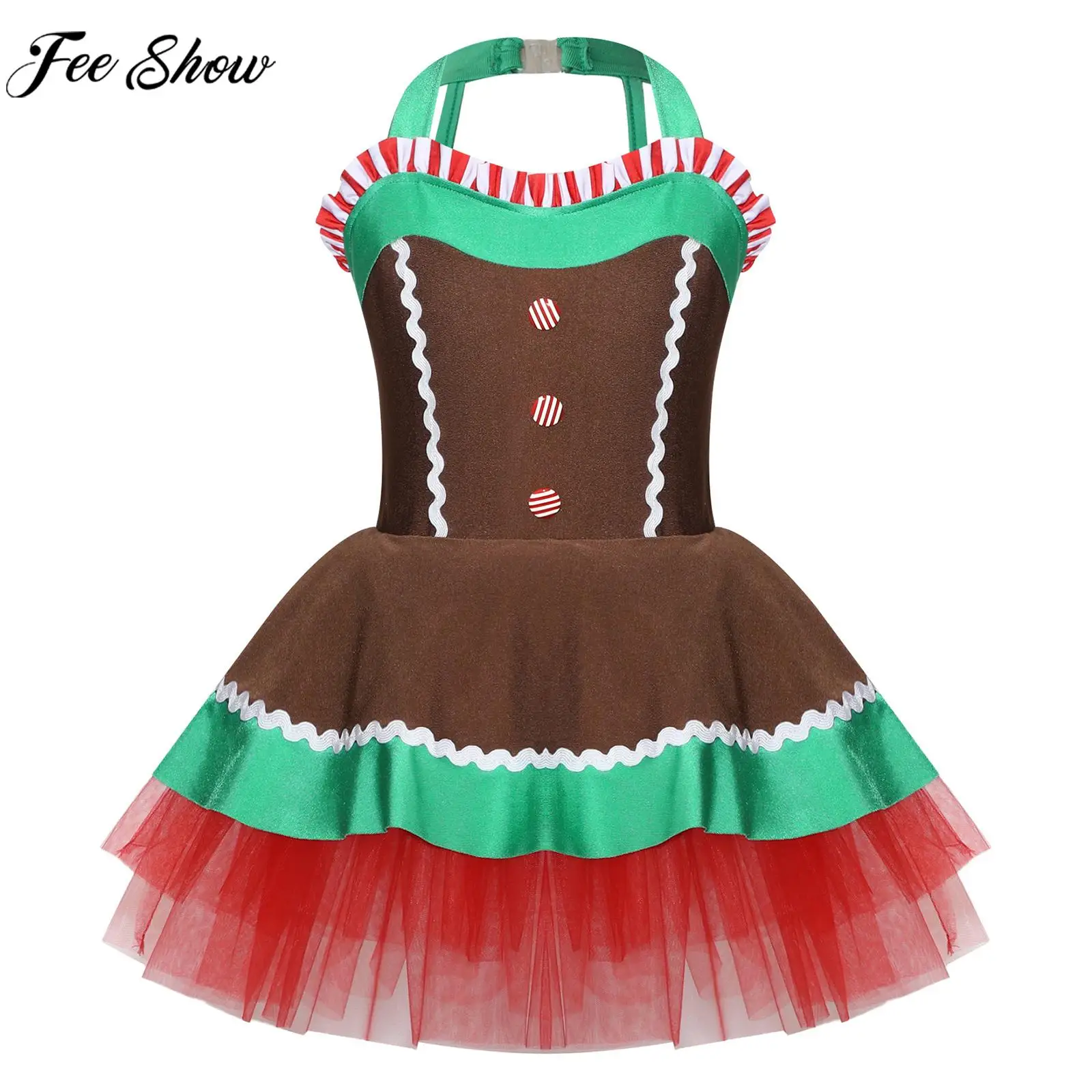 Girls Christmas Gingerbread Man Cosplay Costume Sleeveless Mesh Tutu Leotard Dress Xmas Halloween Carnival Theme Party Clothes