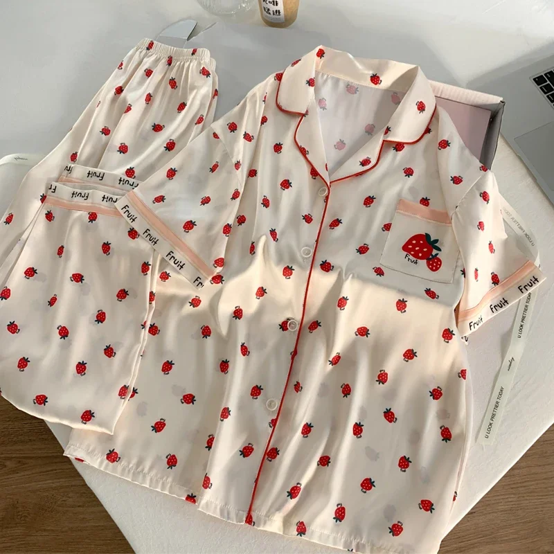 Fresh Sweet Strawberry Kawaii Korean Women\'s Pajamas Y2k Cute Fruit Harajuku Fashion Casual Sleepwear 2024 New Autumn Nightgown