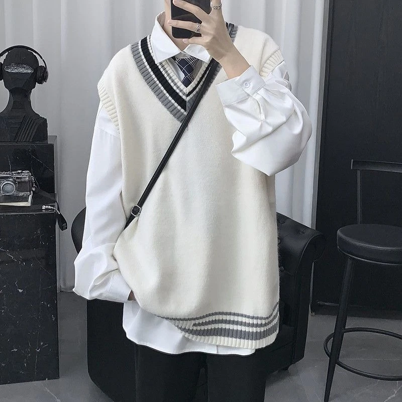 

Men's Autumn Winter V Neck Sweater Vest Trendy Casual Knit Cardigan Couple Style Korean Fashion College Aesthetic Hot Streetwear