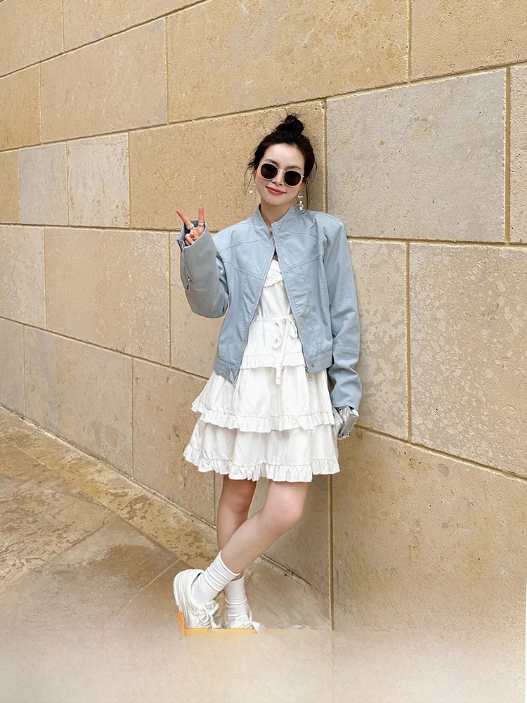 

ort Motorcycle Jaet Women's Spring Autumn Loose Casual Versatile Mist Blue Windproof Cotton Nylon Zipper Closure Ladies