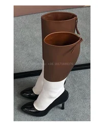 Knee High Luxury Round Toe Patchwork Zip Boots Dress Women Stiletto High Heel Leather Boots Lady Sexy Shoes 2024 Fall