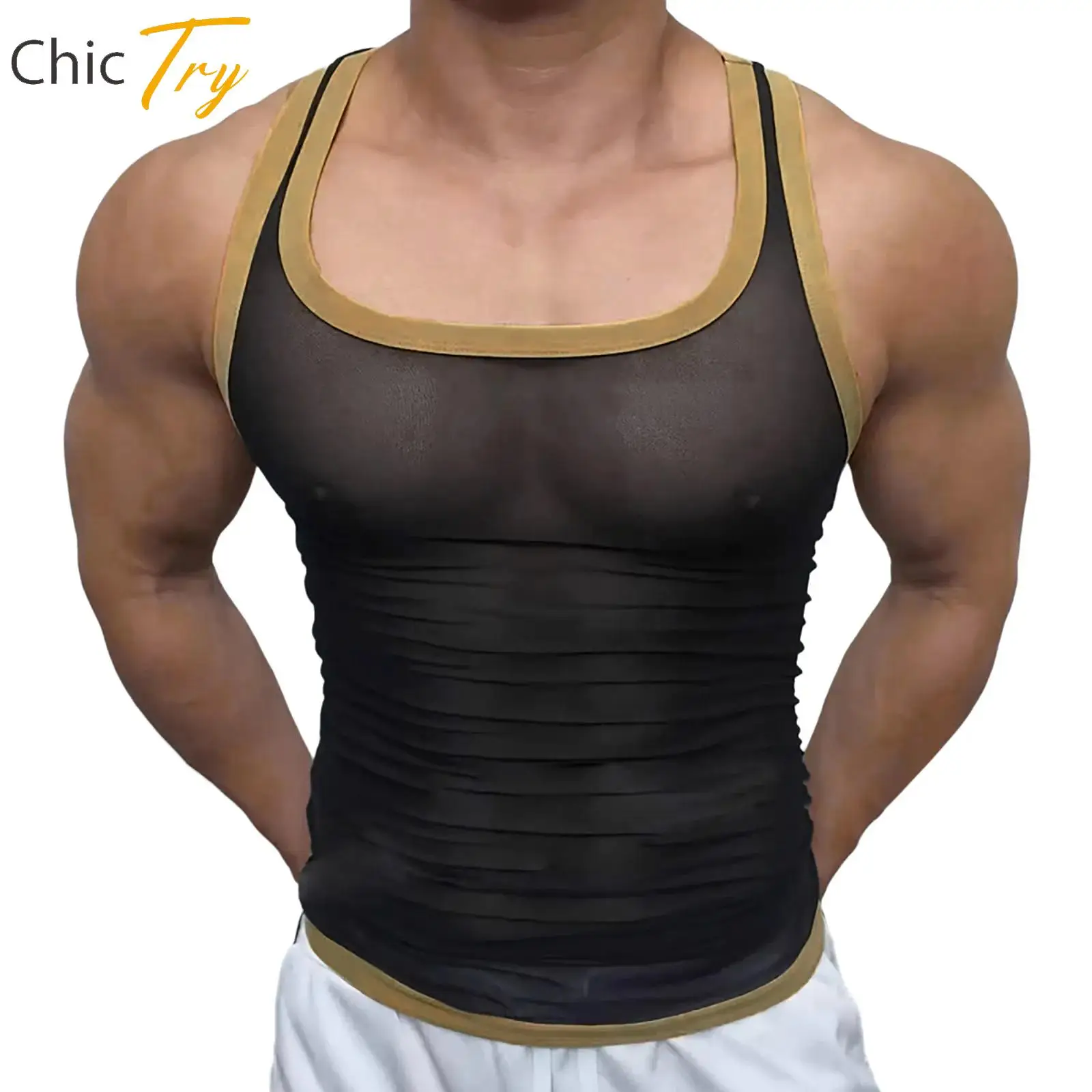 

Mens Vest Mesh Breathable Quick Dry Outdoor Sports Sleeveless Top See-Through Mesh Top U Neck Sleeveless Slim Fit Trim Gym Vest