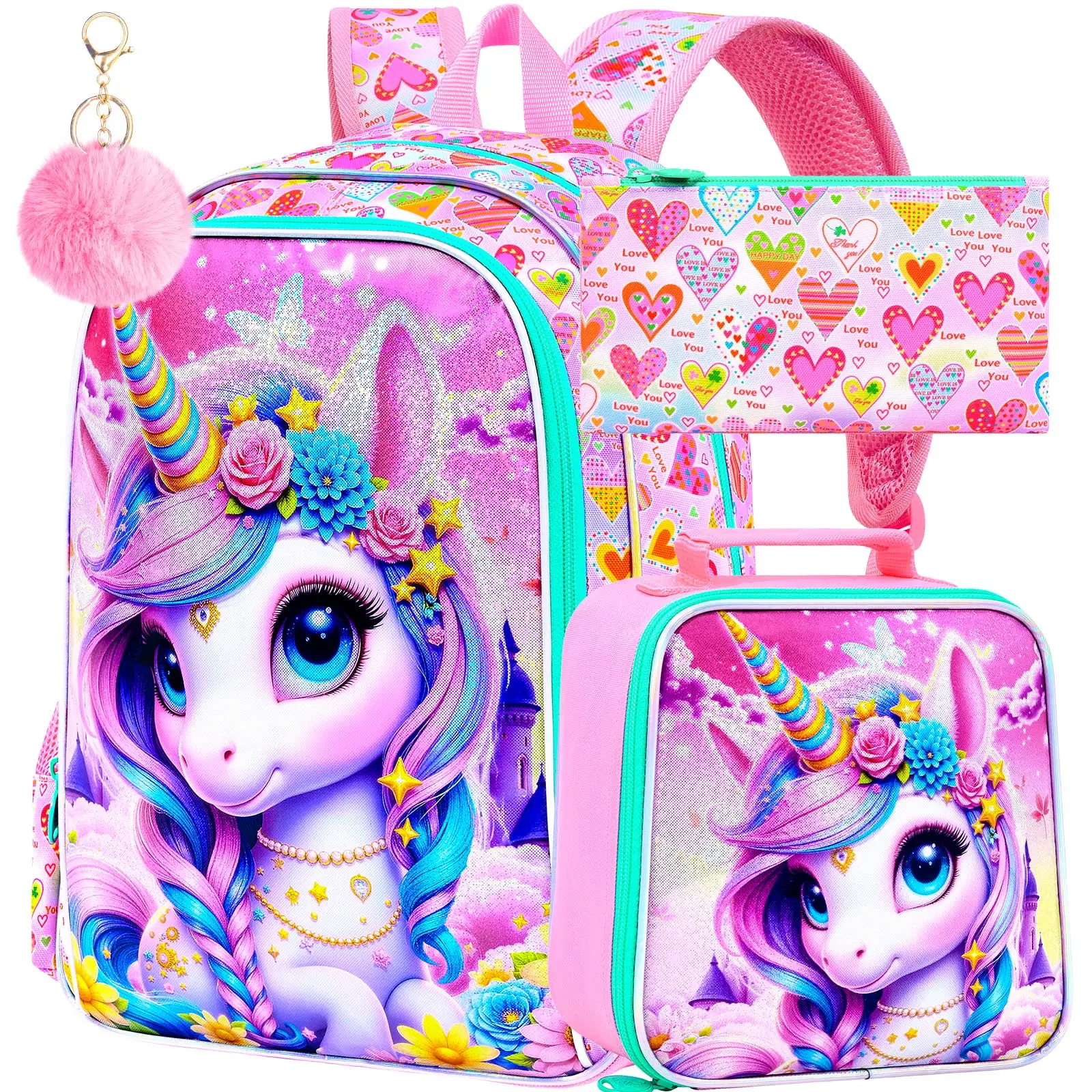 

3PCS Girls Backpack, 16" Unicorn Pink Prechool Elementary Bookbag and Lunch Box