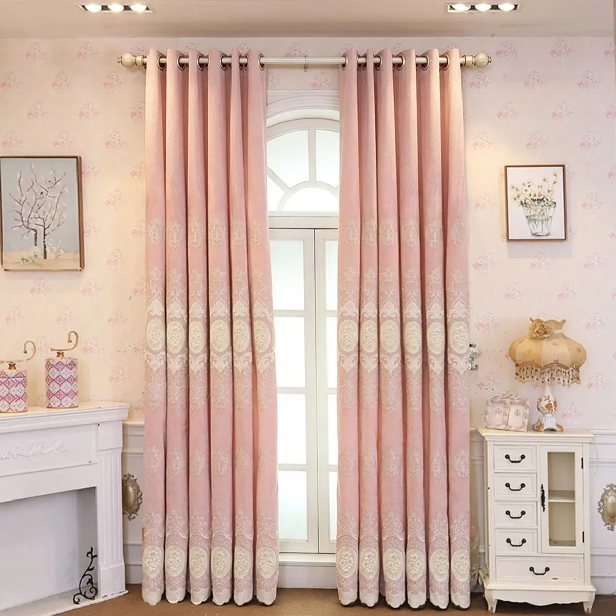 2 Panels Gentle Pink European Vertical Pattern Embroidered Blackout Curtains, Solid Fabric Grommet Window Curtains, Luxury Finished Curtains for Bedroom Living Room Home Decor