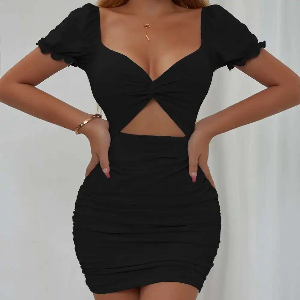 

New Women's 2025 Sexy and Fashionable Hollow Fold Bubble Sleeve Hip Wrapped Dress 2025 Summer Dress Robe Vestido Women Party