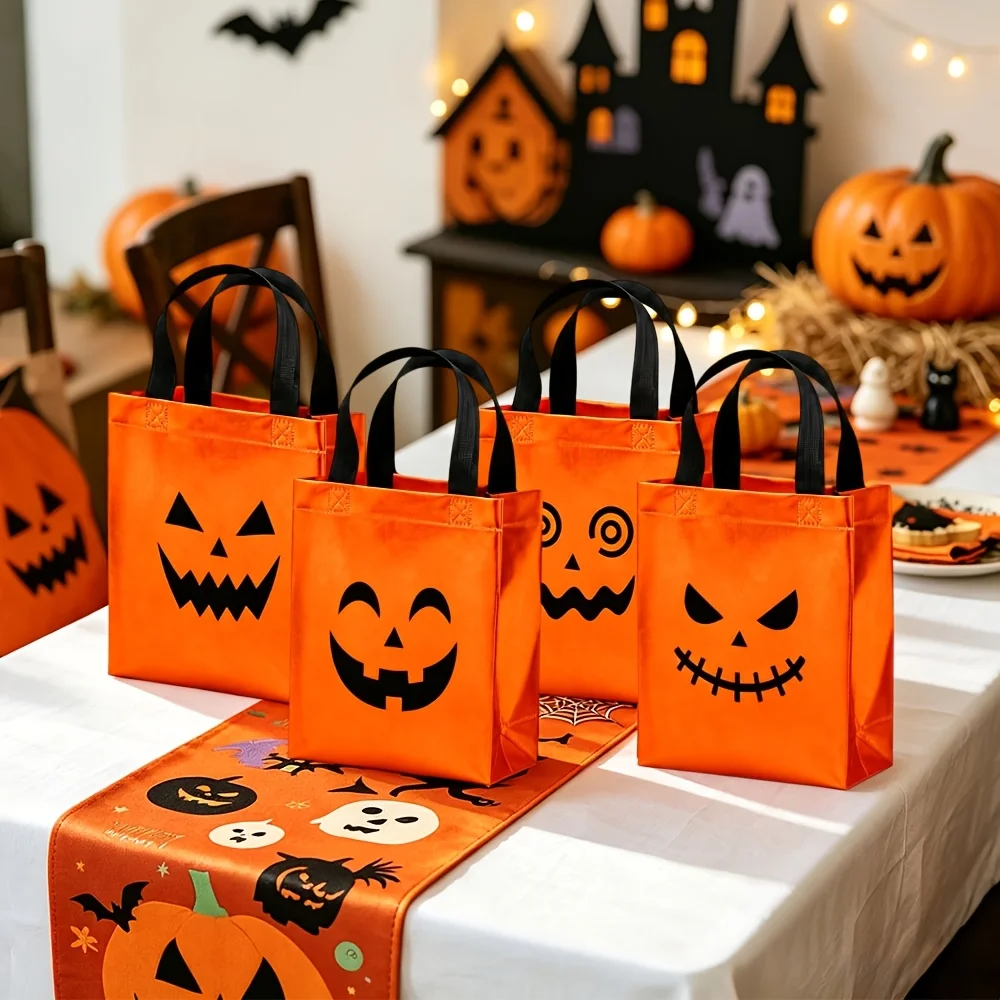 8 sacs de couleur orange pour célébrer Halloween, sacs cadeaux non tissés avec motif de visage de citrouille, sacs cadeaux sur le thème d'Halloween.