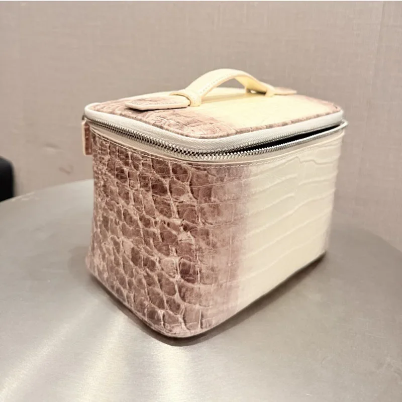 High Quality Crocodile Patterned Top Layer Cowhide Makeup Bag for Women's Travel, Portable Toiletry Bag, Practical Storage Bag