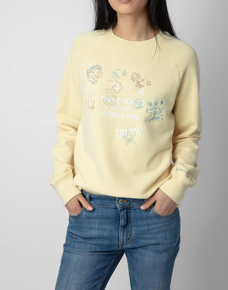 

New Arrivals Embroidered Sweatshirt For Women Long Sleeve O-Neck Cartoon Cute Moon Cloud Rainy Pullover Yellow Sweatshirt Top