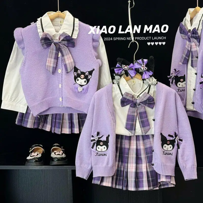 

Anime Kuromi Girls' College Style Jk Set Three Piece Set Children's Knitted Shirt Pleated Skirt Autumn Cardigan Sweater Gift