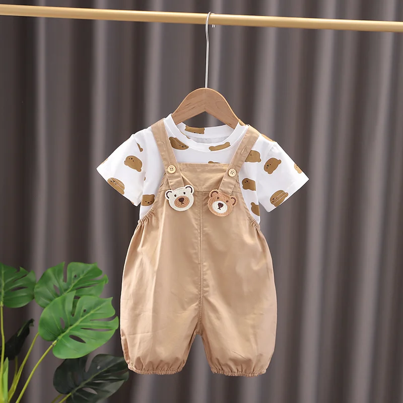 New Summer Baby Girls Boys Clothing Toddler Fashion Infant Children Bear Clothes Suits Solid T Shirt Overalls Pants 2Pcs/Set