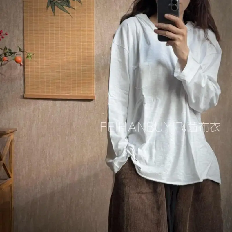 

New Spring Autumn Arts Style Women Long Sleeve Hooded Tee Shirt Femme Tops All-matched Casual Cotton Loose White Tshirt 1201