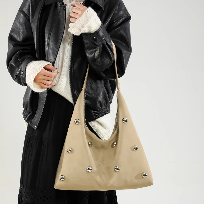 Retro Faux Suede Tote Bags Autumn Winter New Versatile Work Commuting Shoulder Bag Women\'s Vintage Rivet Rhinestones Handbags