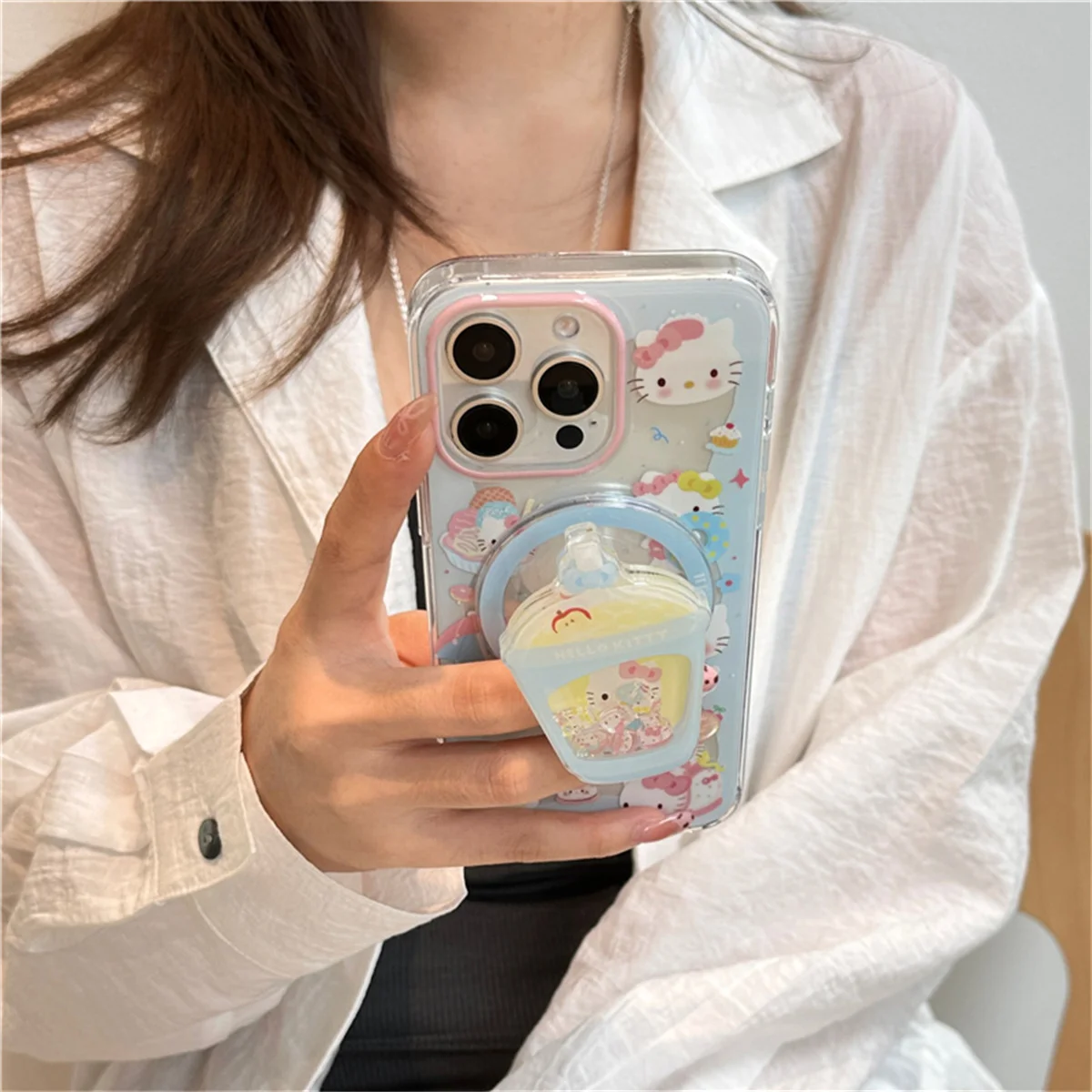 

Korean Cute Hellokitty Magnetic Phone Case For iPhone 16 Pro 15 14 Pro Max Cover with Shaking Stand For Magsafe Cases