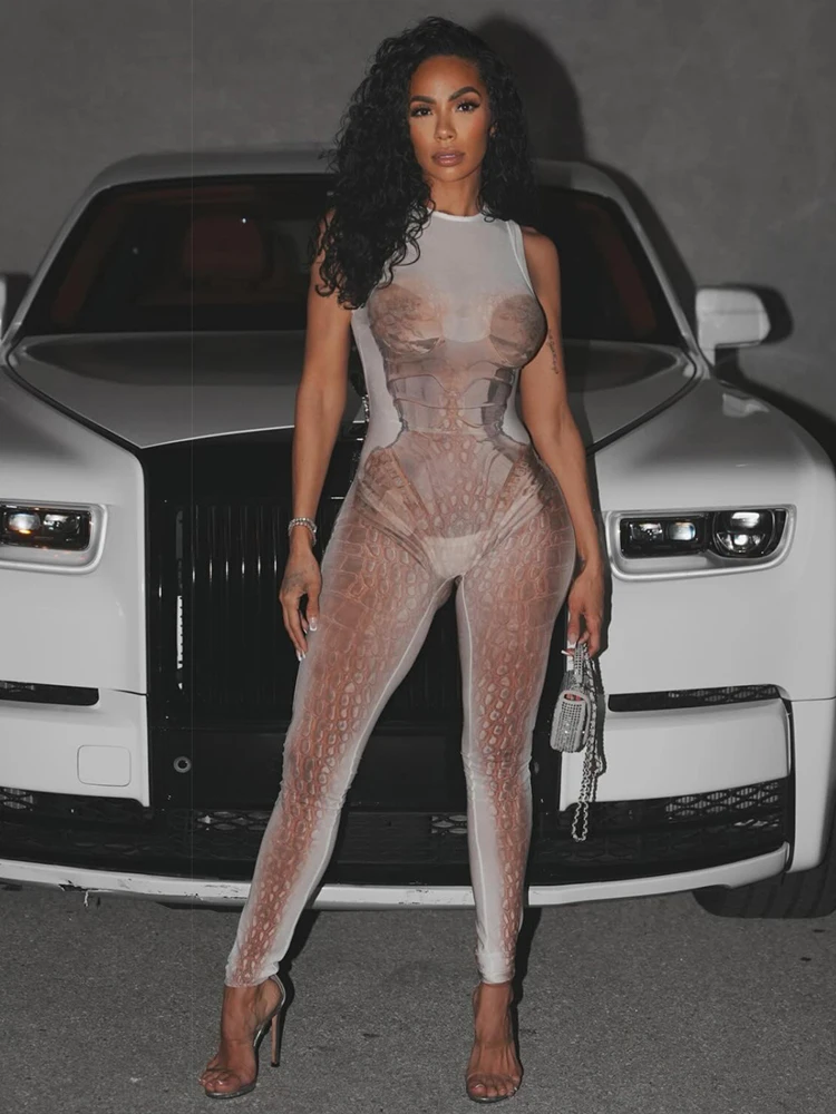 

Nibber Hot Girls Jumpsuits Woman Scales Print o-Neck Sleeveless High Waist Skinny Peach Hip Midnight Club Party Fashion Overalls