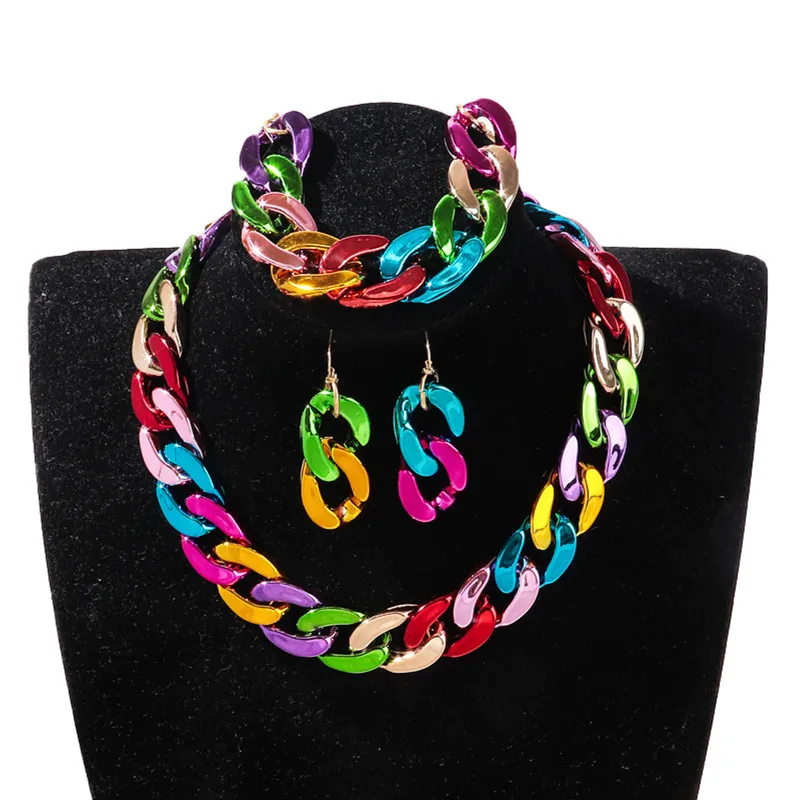 

4pcs/Set Acrylic Cuban Chain Necklace for Women Metallic color Link Statement Earrings Bracelet Choker Vintage Jewelry Sets Gift