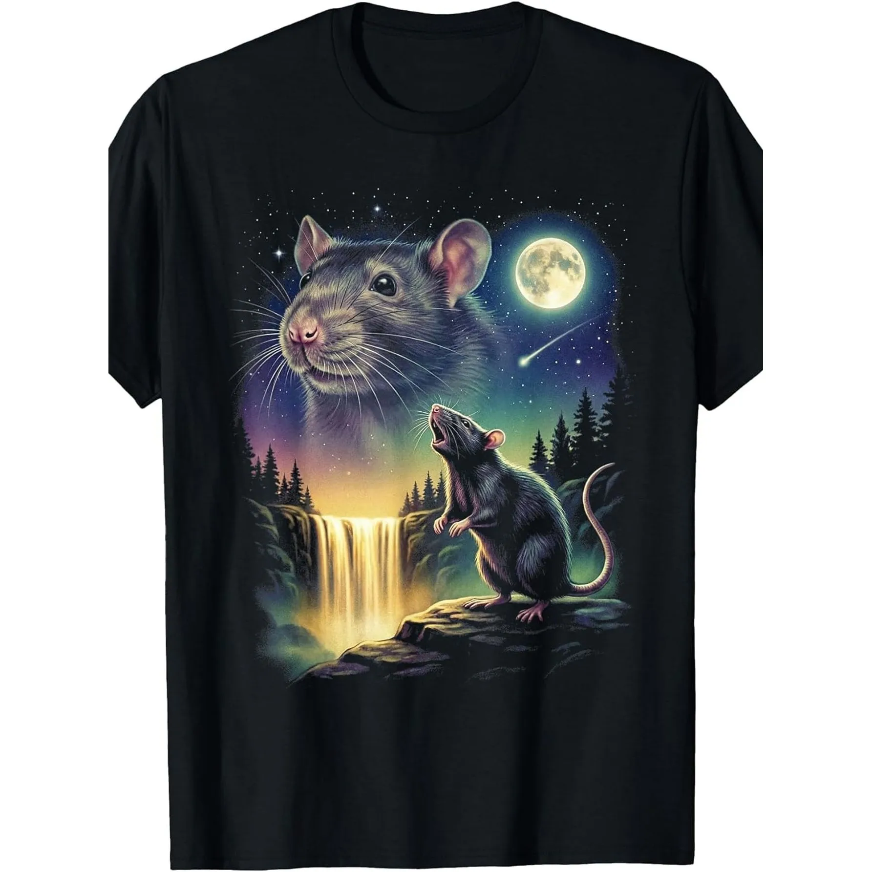 Magical Starry Waterfall Two Rats Full Moon Forest Fantasy Print T-Shirt