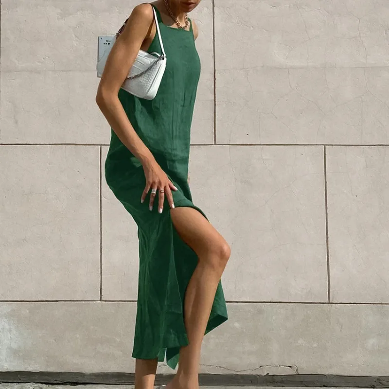 Vestido francês feminino de algodão e cânhamo, vestido casual com estilingue dividido, vestido regado verde, moda, novo, verão, 2022